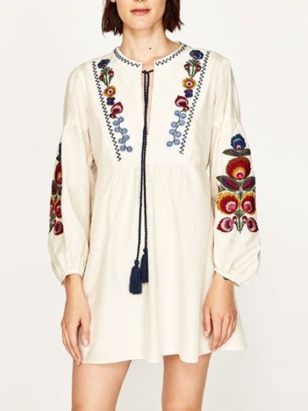 Zara Embroidered Ivory Boho Tunic Dress with Navy Tassel Tie